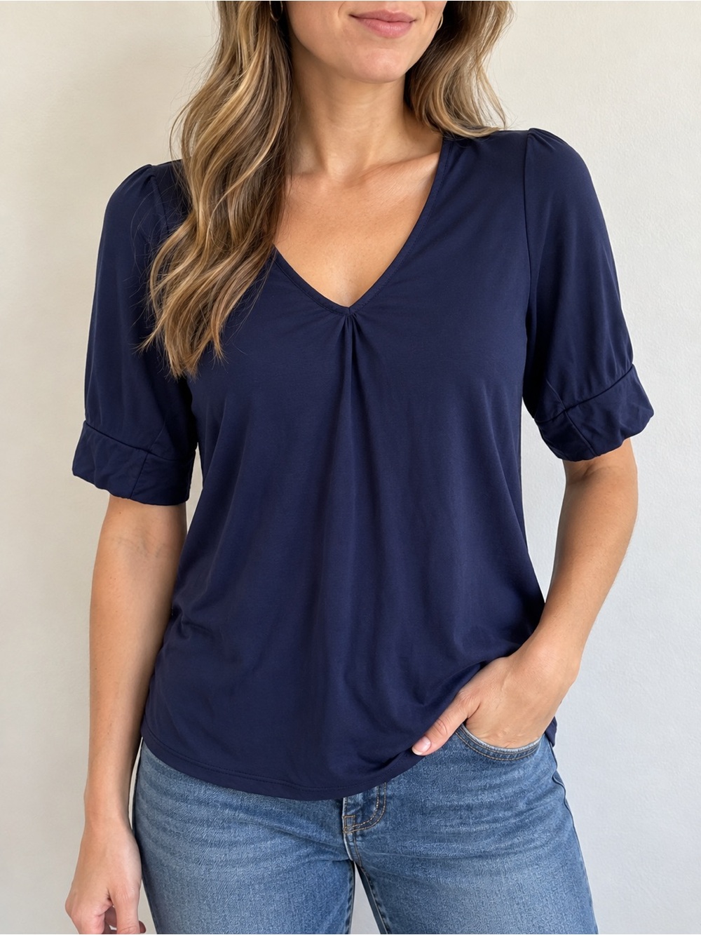 Sojourn Womens Small Petite Navy Blue V Neck Puff Sleeve Knit Top Made USA